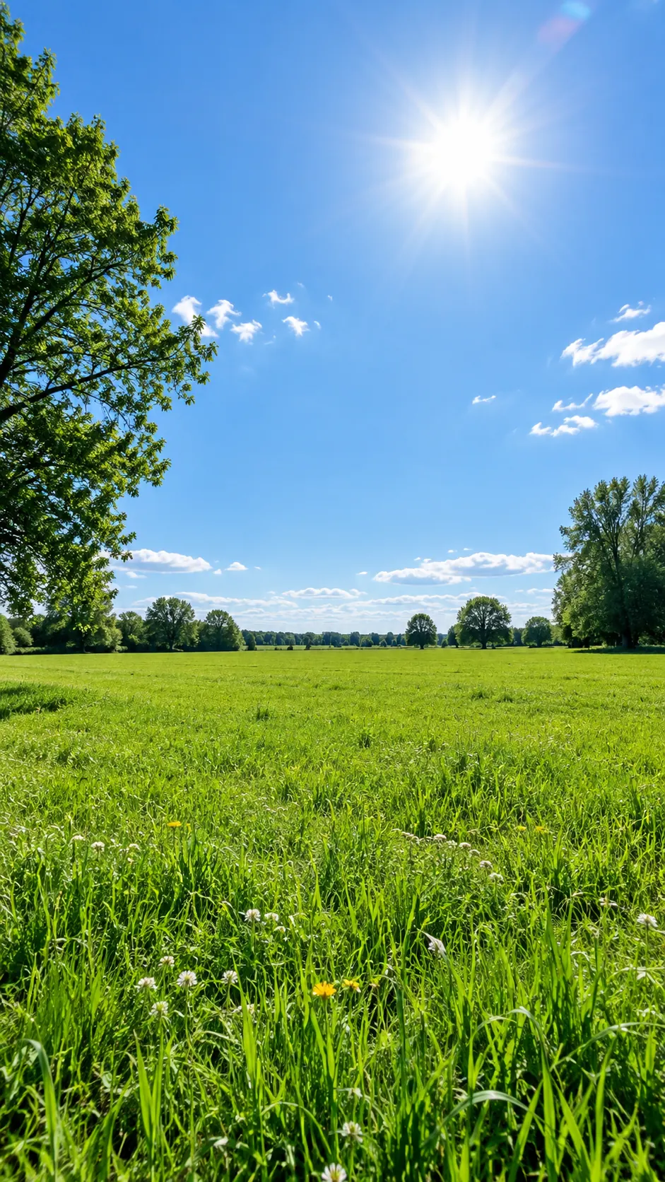 Sonnige Wiese mit Bäumen unter blauem Himmel